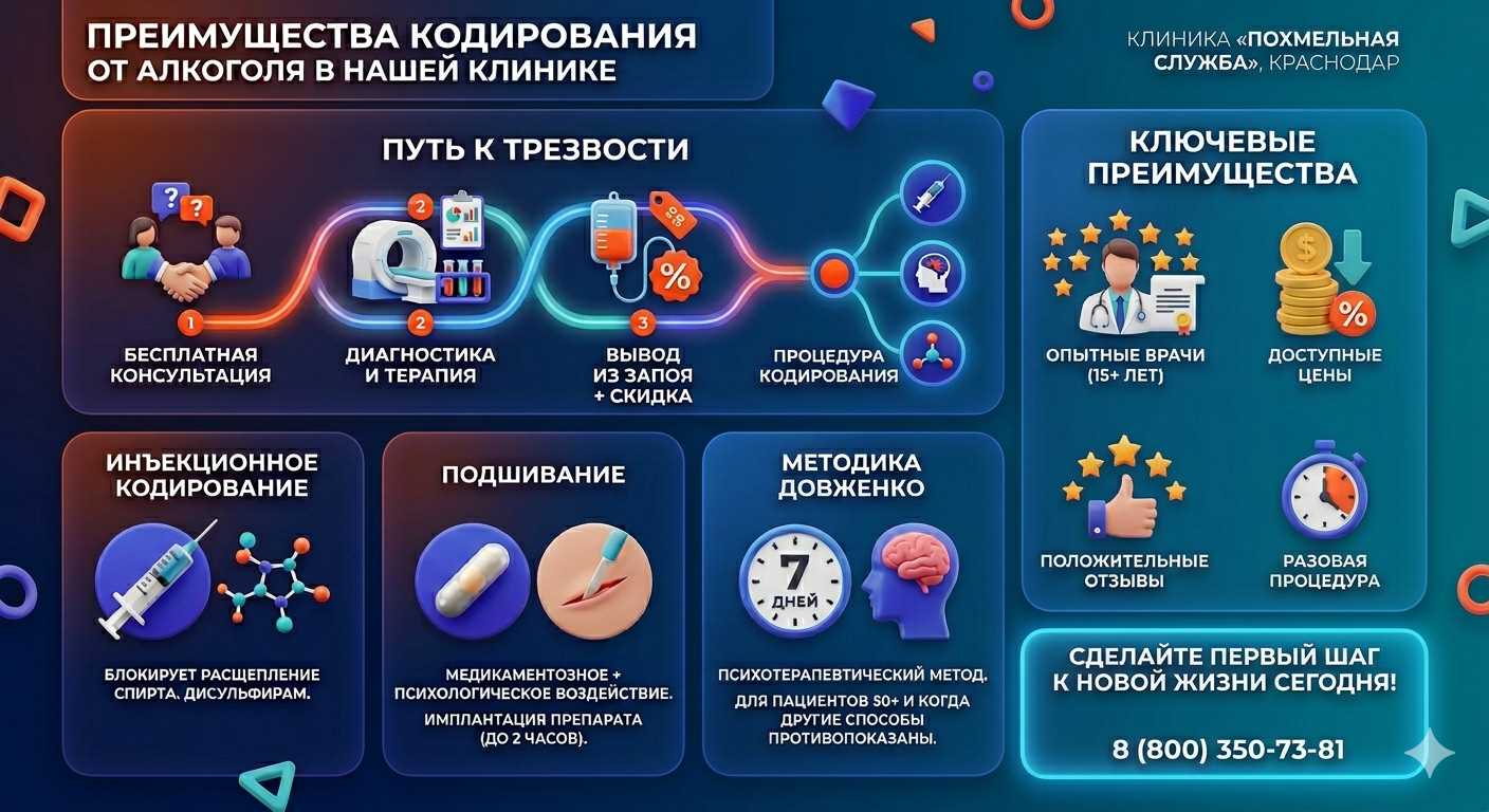 Инфографика о методах кодирования от алкоголя в Лермонтове: инъекции, подшивание, метод Довженко. Преимущества клиники и этапы лечения.